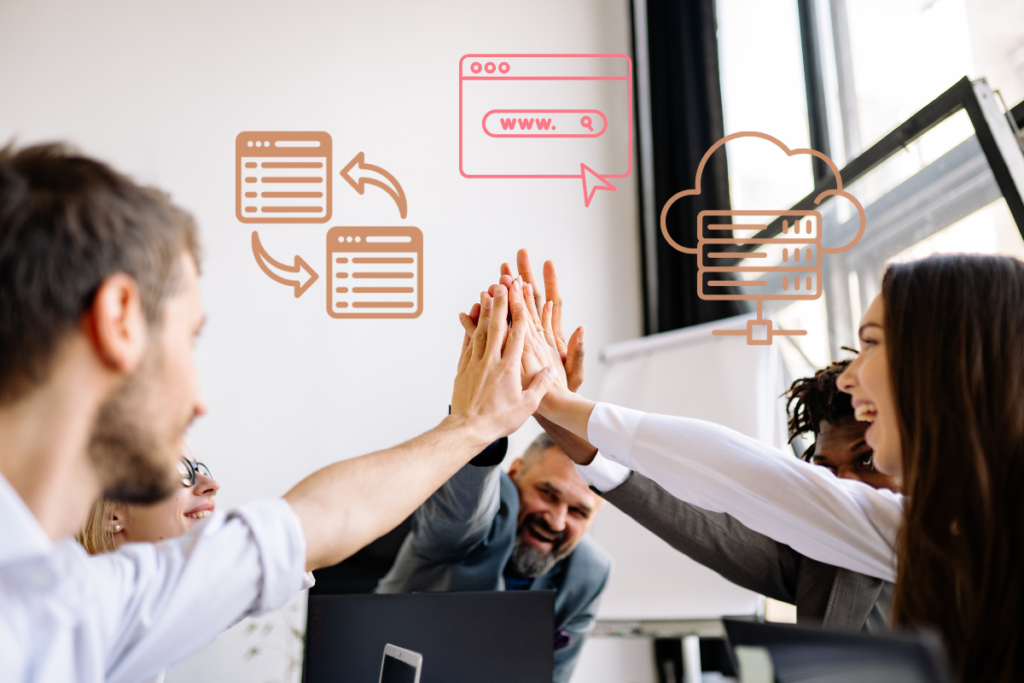 Team high-fiving in office